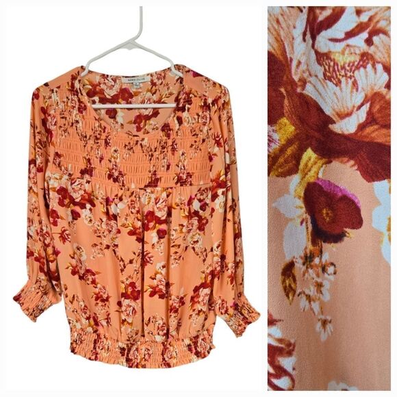 Rose + Olive Smocked Peach Floral Peasant Top Chiffon Ladies Blouse Pullover - Picture 1 of 9
